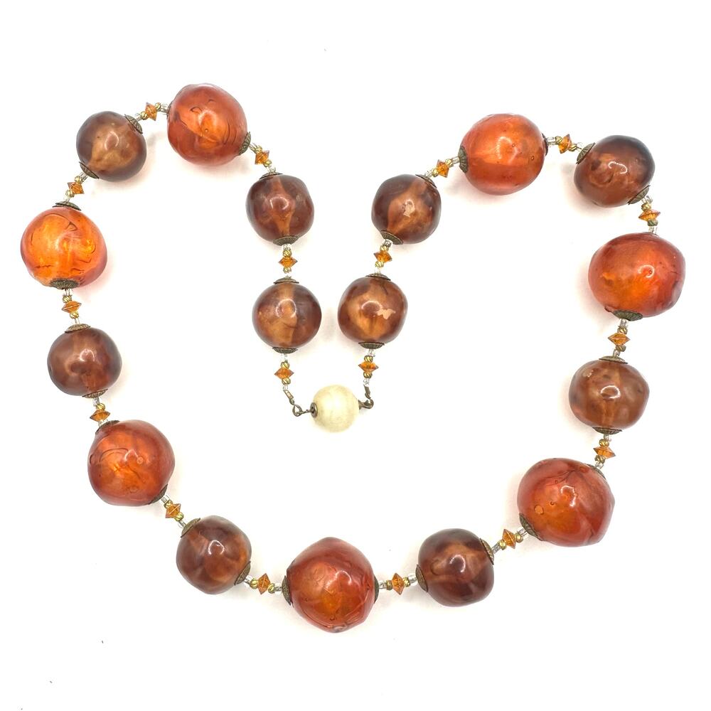 Antique 1920s 1930s Art Deco faux amber large lucite beads beaded 21" necklace